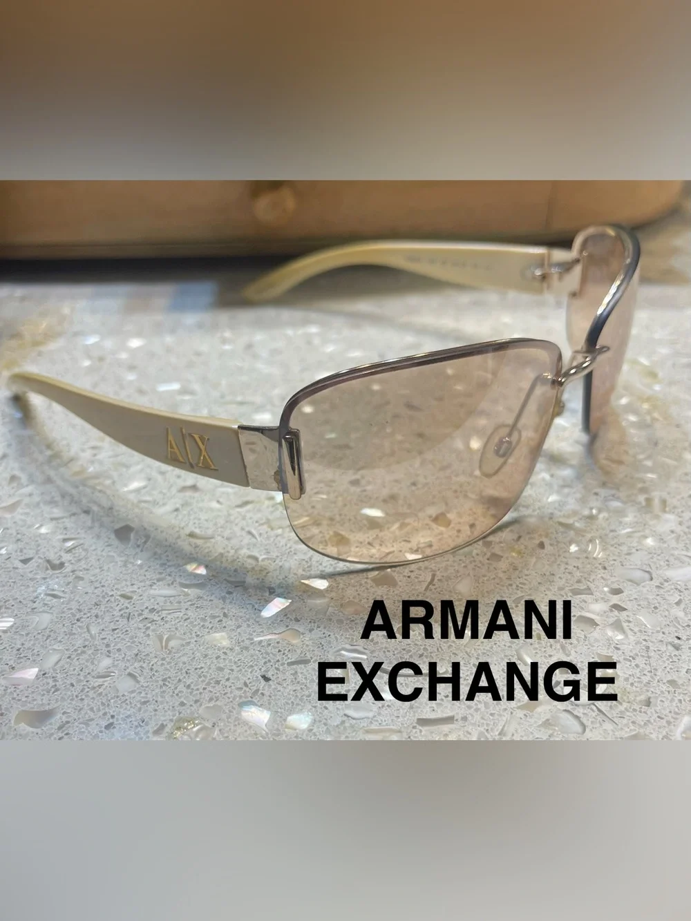 Armani Exchange Men’s Ivory Frames with Gold Logo and Brown Lenses